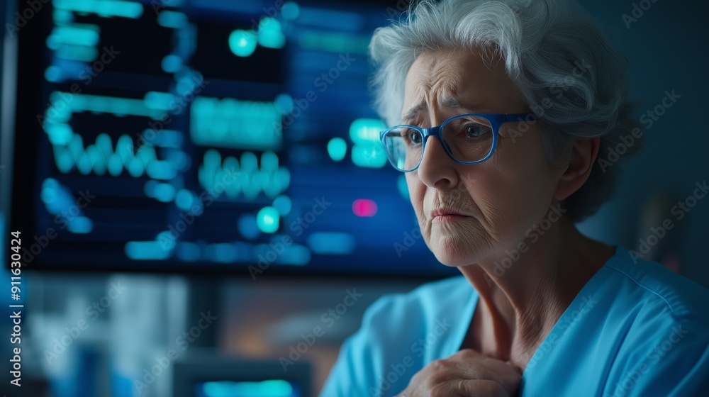 Concerned elderly woman in hospital analyzes medical data on screen, showcasing health monitoring and elderly care. Concerned elderly woman in hospital analyzes medical data on screen, showcasing health monitoring and elderly care.