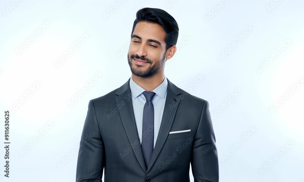 Medium shot portrait video of a pleased man in his 30s wearing a sleek suit against a white background Medium shot portrait video of a pleased man in his 30s wearing a sleek suit against a white background