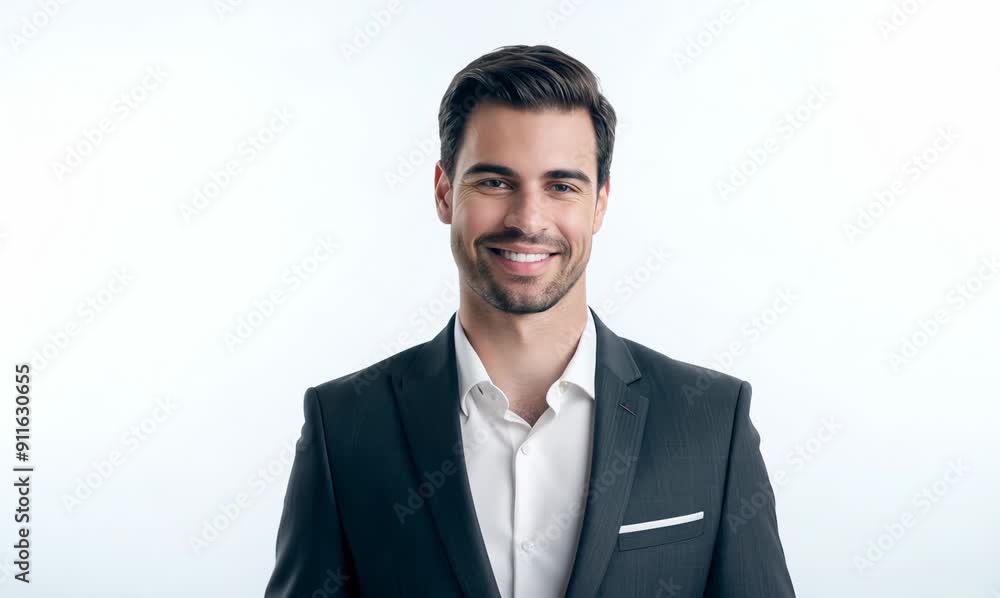 Medium shot portrait video of a pleased man in his 30s wearing a sleek suit against a white background Medium shot portrait video of a pleased man in his 30s wearing a sleek suit against a white background