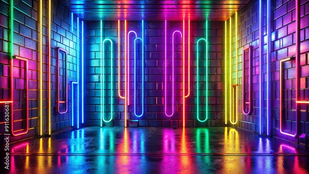 Fototapeta premium Neon Lights Reflecting on Wet Floor in Brick Room, 3D Rendering, Neon Lights, Brick Wall, Wet Floor, Reflection