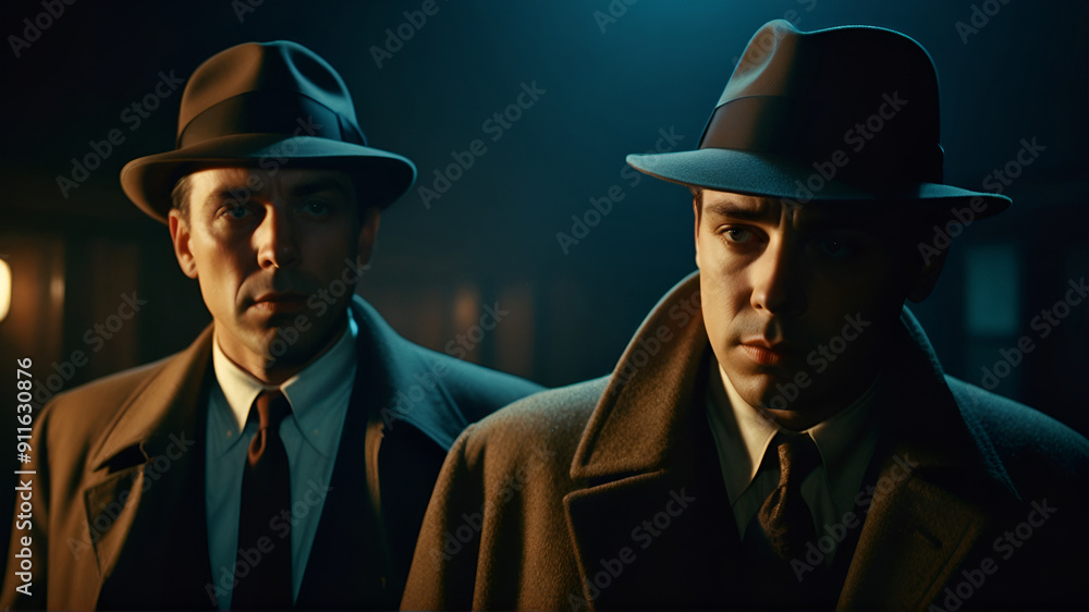 Two men, Mafia, in suits, wearing hats, standing close together in a dimly lit room Two men, Mafia, in suits, wearing hats, standing close together in a dimly lit room