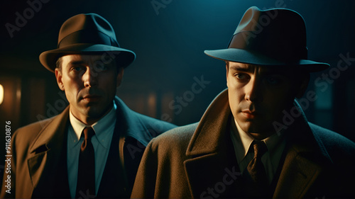 Two men, Mafia, in suits, wearing hats, standing close together in a dimly lit room photo