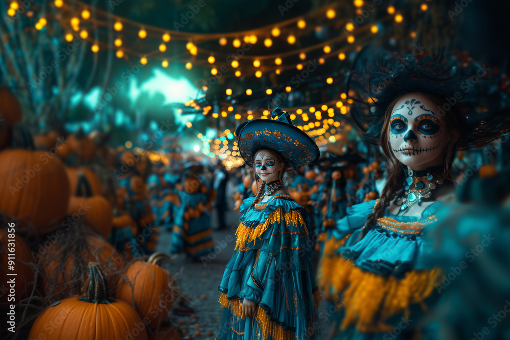 People dressed in various Halloween costumes, enjoying a festive evening with colorful decorations and candy. People dressed in various Halloween costumes, enjoying a festive evening with colorful decorations and candy.