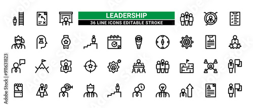 36 Leadership Line Icons Set Pack Editable Stroke Vector Illustration.