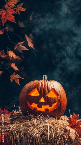 carved pumpkin on hay bale with Halloween decor photo