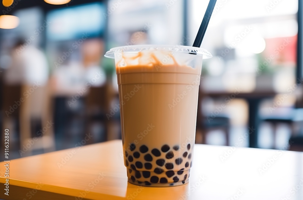 A photo of an oversized cup of pearl milk tea, placed on the table in front of you with clear glass and black straw. A photo of an oversized cup of pearl milk tea, placed on the table in front of you with clear glass and black straw.