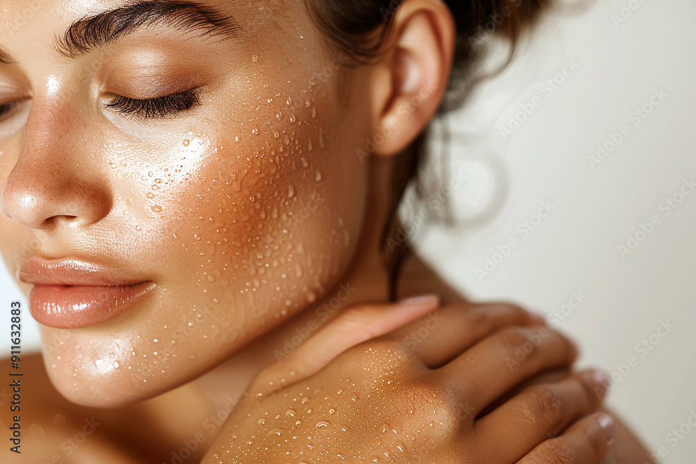 Close up photo of a girl showing her shoulders, suitable for use in skincare product advertisements Close up photo of a girl showing her shoulders, suitable for use in skincare product advertisements