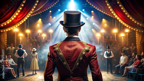 Ringmaster's Back, Man in Red Suit and Top Hat with Gold Trim in a Circus Tent, Backstage, Lights, Performance, circus, ringmaster