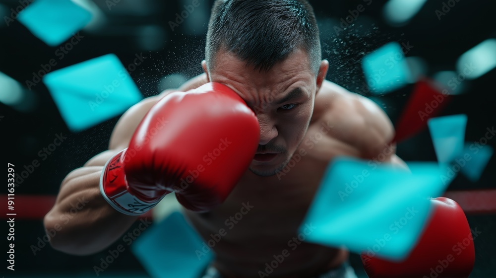 Focused boxer in red gloves practicing in the ring with blue shards flying around. Intense expression, dynamic movement, and strength visible. Focused boxer in red gloves practicing in the ring with blue shards flying around. Intense expression, dynamic movement, and strength visible.
