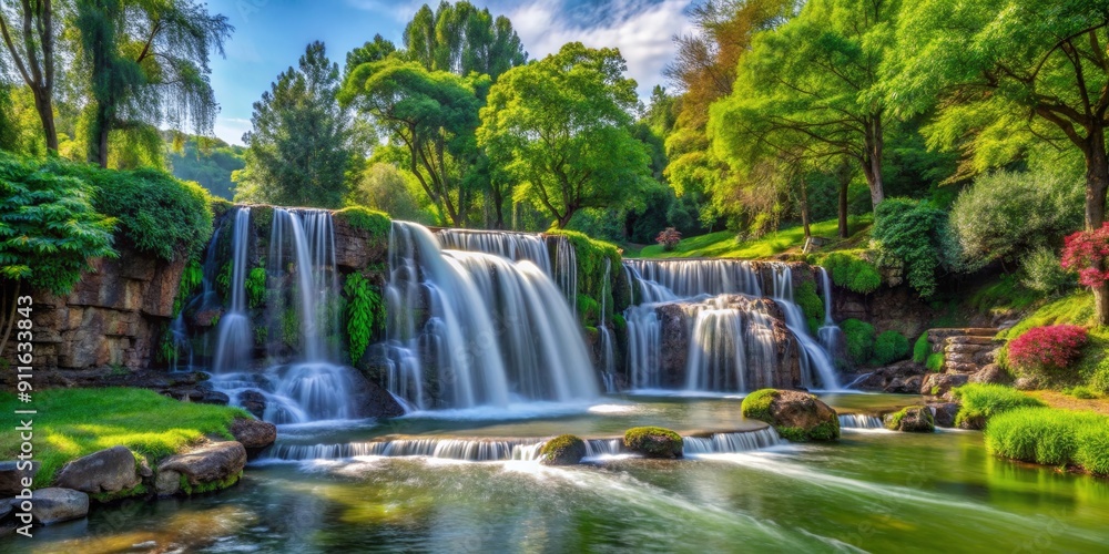 Serene Waterfall in a Lush Garden, Long Exposure, Tranquility, Nature, Landscape, Water, Forest Serene Waterfall in a Lush Garden, Long Exposure, Tranquility, Nature, Landscape, Water, Forest
