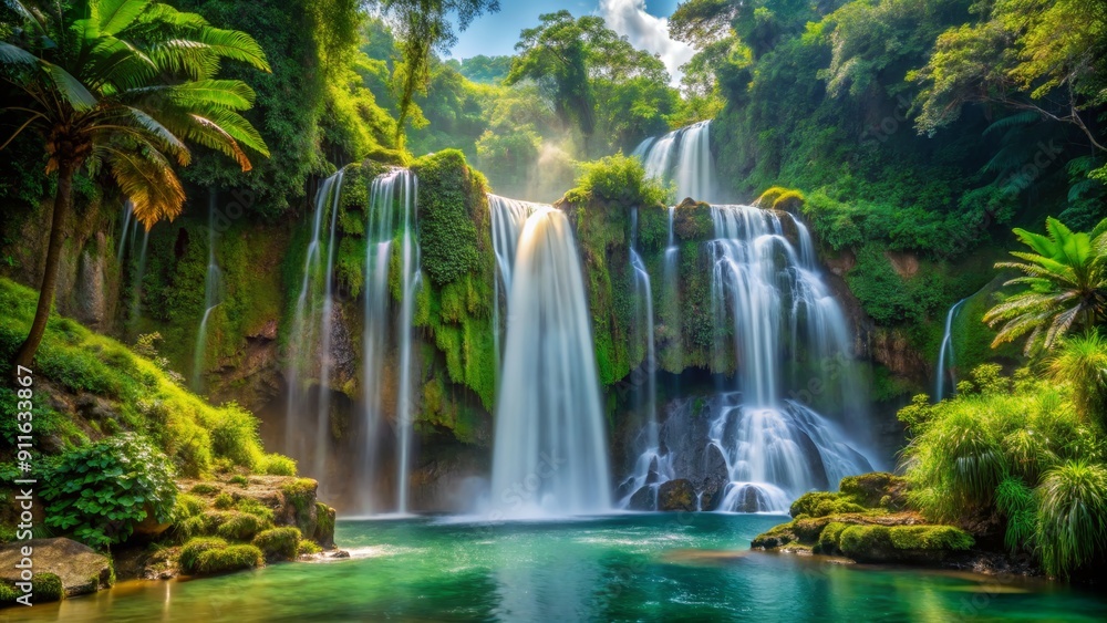 Obraz premium Serene Waterfall in Lush Green Jungle, Long Exposure, Waterfalls, Nature, Paradise