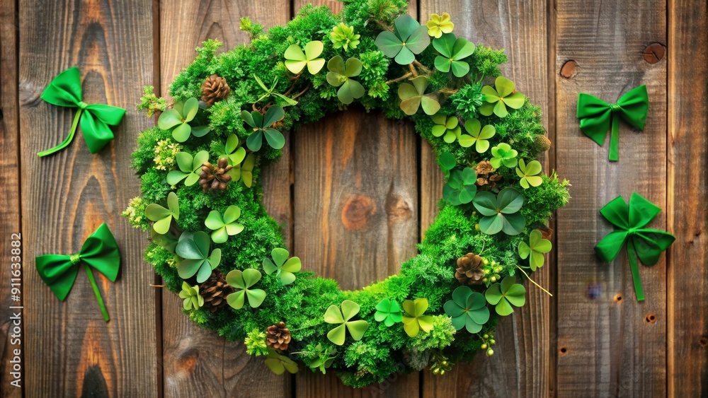 Shamrock Wreath on Rustic Wood Background, St. Patrick's Day, Irish Decor, Green , Wreath , Clover , Irish Shamrock Wreath on Rustic Wood Background, St. Patrick's Day, Irish Decor, Green , Wreath , Clover , Irish