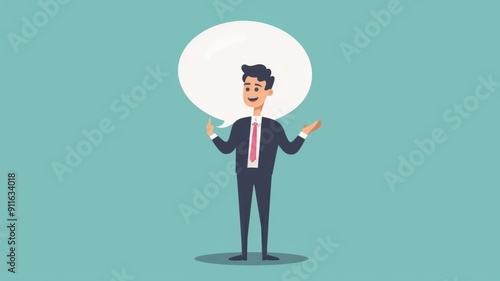 Cute businessman avatar standing with copy space speech bubble in confidence posing. Cartoon style mascot speaking represent friendly management quotes for business strategy or investment plan. AIG53.