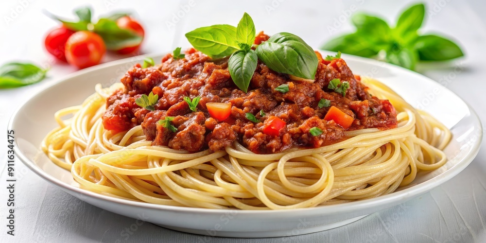 Spaghetti with Bolognese Sauce and Basil, Italian Cuisine, Pasta Dish, Meat Sauce, Comfort Food Spaghetti with Bolognese Sauce and Basil, Italian Cuisine, Pasta Dish, Meat Sauce, Comfort Food
