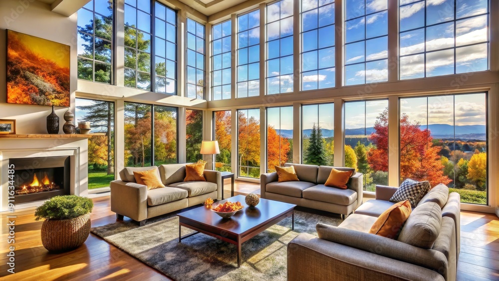 Naklejka premium Spacious Living Room with Fall Foliage View, Grey Couches, Fireplace, Wooden Floor, large windows, fall foliage, interior design