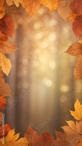 Fall or Autumn Forest Wallpaper Backdrop with Leaf Frame Border, Vertical Blank Space, Portrait in 9:16 Ratio