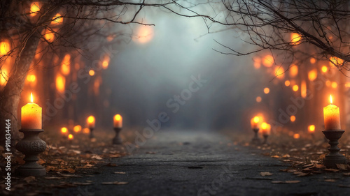 Misty Spooky Woods Path or Road at Night with Lit Candles and Tree Branches, Spooky Halloween Backdrop Wallpaper