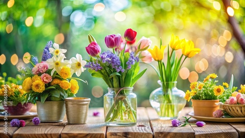 Wallpaper Mural Spring Bouquet in Vases on Wooden Table, Flowers, Nature, Springtime, Decoration Torontodigital.ca