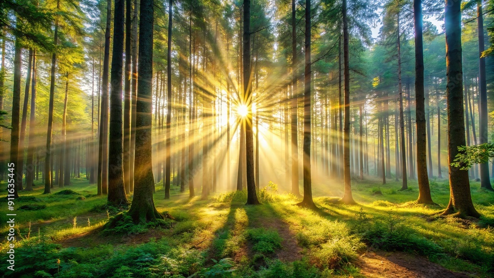 Fototapeta premium Sunbeams Through Forest Trees, Sunrise, Golden Light, Pine Forest, Woodland