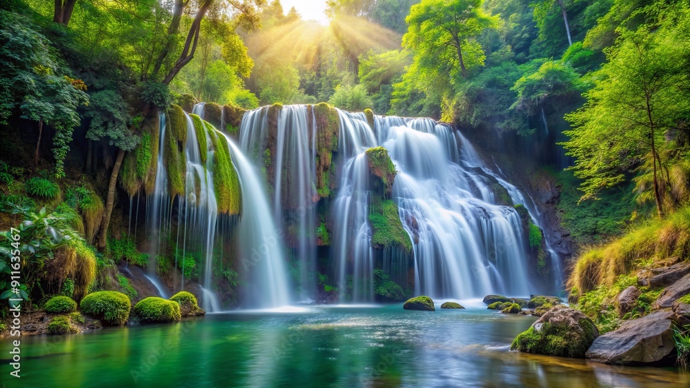 Fototapeta premium Sunbeams Through the Emerald Waterfall, Waterfall, Nature, Landscape, Forest ,