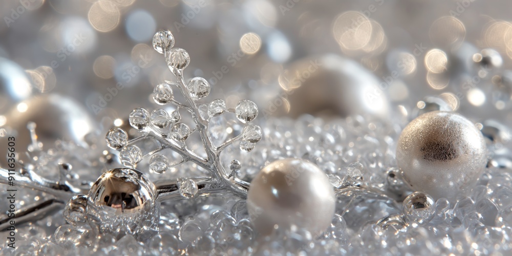 A close-up of silver and white decorative elements, including shiny beads and a delicate branch with crystal-like details on a blurred background A close-up of silver and white decorative elements, including shiny beads and a delicate branch with crystal-like details on a blurred background