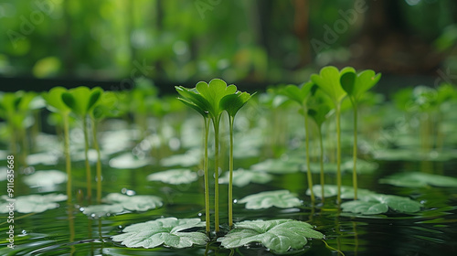 Close-up of vibrant green aquatic plants gracefully floating on water, creating a serene and tranquil natural setting with a blurred forest background.