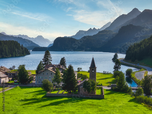 Aerial view of Little church around Sils lake, Upper Engadine Valley, Switzerland. photo