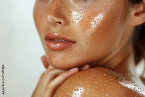 Close up photo of a girl showing her shoulders, suitable for use in skincare product advertisements photo