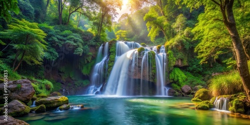 Sunlit Waterfall in Lush Forest, Waterfall, Forest, Nature, Landscape