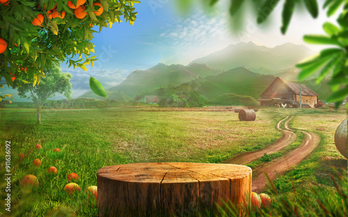 Tree trunk wood Podium display for food and other products on nature farm house background, grass and Orange tree, Sunlight at morning	
