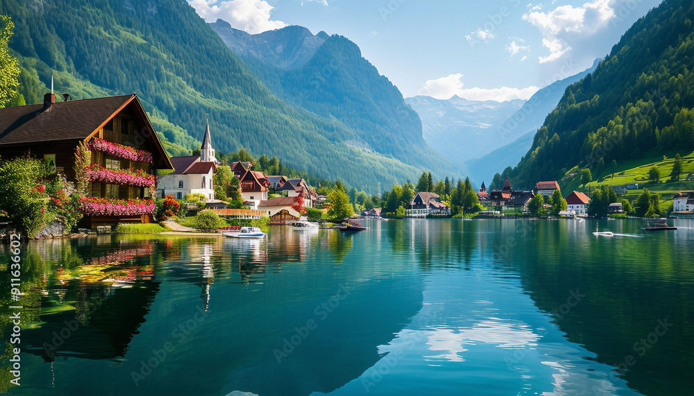 Naklejka premium A charming village nestled between majestic mountains and a serene lake features traditional wooden houses with colorful flower boxes, bathed in warm summer sunlight.