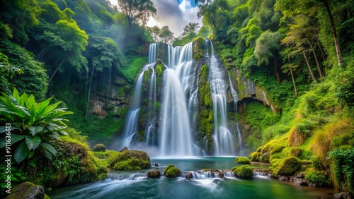 Tranquil Waterfall Cascading Through Lush Green Foliage, Long Exposure, Waterfall, Jungle, Nature, Asia