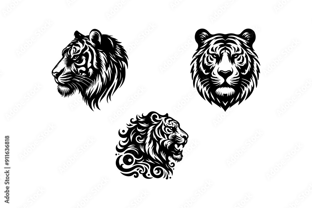 tiger head bundle silhouette vector art of illustration. tiger head bundle silhouette vector art of illustration.