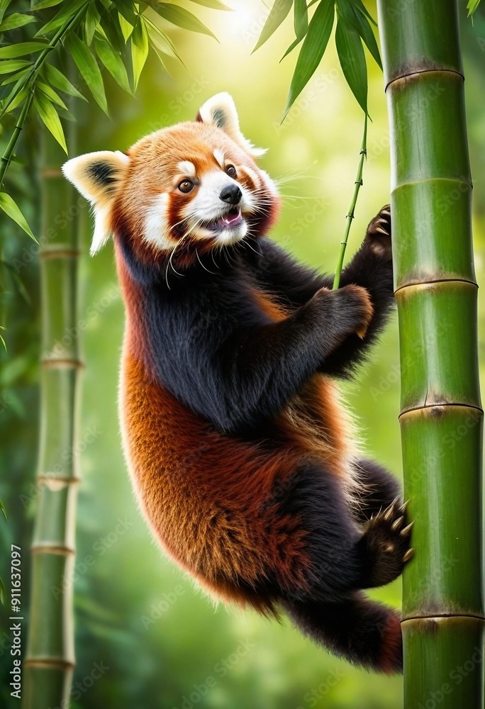 Fototapeta premium Charming Red Panda Climbing Bamboo:
