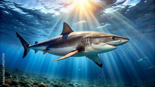 Underwater Majesty A Great White Shark Basking in Sunlight, Digital Art, Marine Life, Ocean Depth, Shark, , underwater