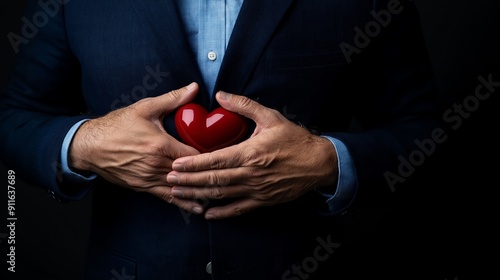 Close-up of a man in a suit holding a red heart, symbolizing love and care. Perfect for concepts related to love, compassion, and relationships. photo