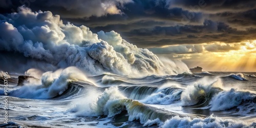 Waves of Fury at Sunset, Dramatic Sky, Ocean, Storm, Nature , Photography , Seascape