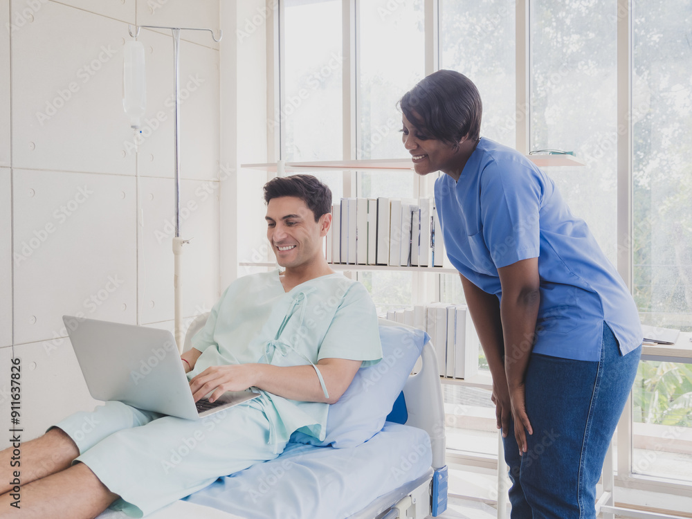 Portrait physical caucasian business man one person sick smile happy laying in bed looking and hand holding computer laptop working job successful while recuperating body in hospital clinic room Portrait physical caucasian business man one person sick smile happy laying in bed looking and hand holding computer laptop working job successful while recuperating body in hospital clinic room