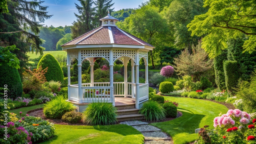 White Gazebo in a Lush Garden with a Winding Path, Gazebo , Garden , Flowers , Path White Gazebo in a Lush Garden with a Winding Path, Gazebo , Garden , Flowers , Path