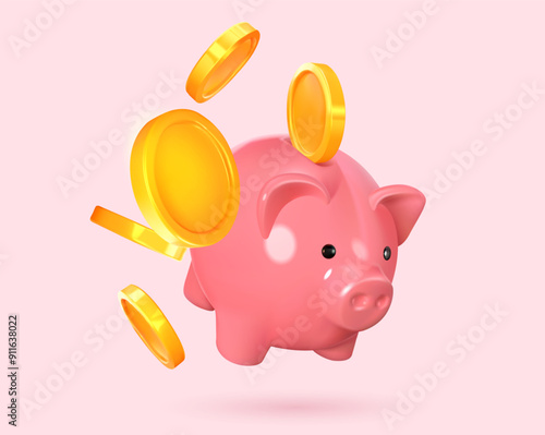 3d piggy bank with coins flying into it. Concept of accumulation, savings and making money. Pink glass pig. Vector illustration