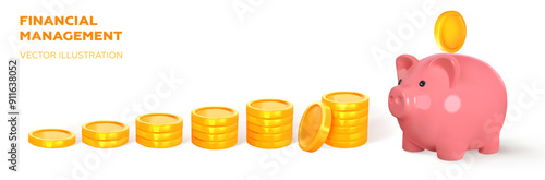 3d piggy bank. Concept of saving money and income. Stacks of coins that grow. Vector illustration.