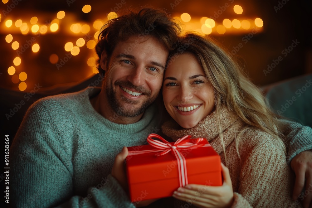 Happy couple smiling and holding a red gift box with festive lights in the background, celebrating a special occasion together. Happy couple smiling and holding a red gift box with festive lights in the background, celebrating a special occasion together.