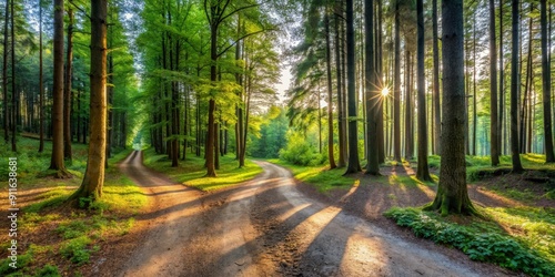 Golden Sunlight Through the Trees, Forking Path, Forest, Nature, Landscape , forest path, sunbeams
