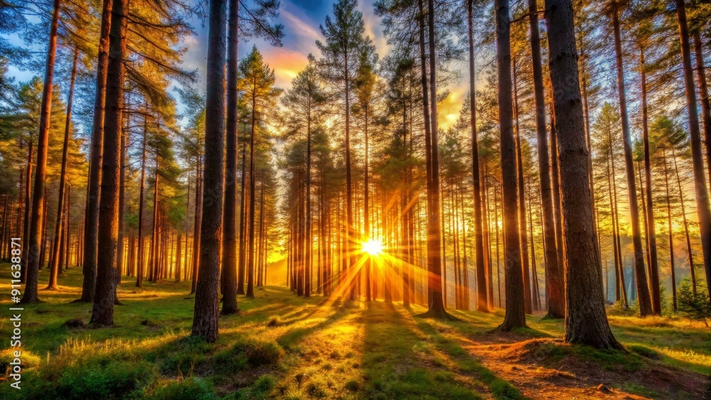 Golden Sunset Rays Through a Forest of Tall Trees, Forest , Sun , Nature , Landscape Golden Sunset Rays Through a Forest of Tall Trees, Forest , Sun , Nature , Landscape