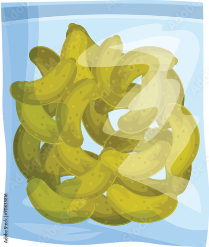 Sealed plastic bag containing a pile of gherkin pickles, ideal for representing food preservation, snacking, or grocery shopping