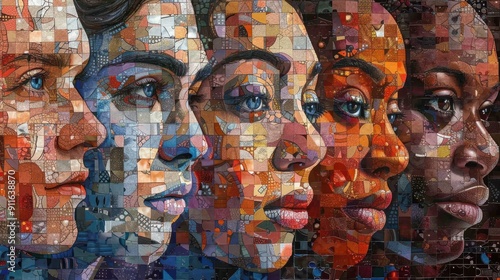 A mosaic of faces representing various ages, races and genders, symbolizing the values of inclusivity, liberty, diversity and tolerance. photo