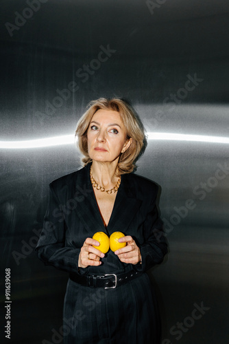 Thoughtful businesswoman holding lemons