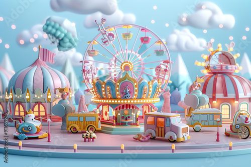3D amusement park in soft blue and pink colors