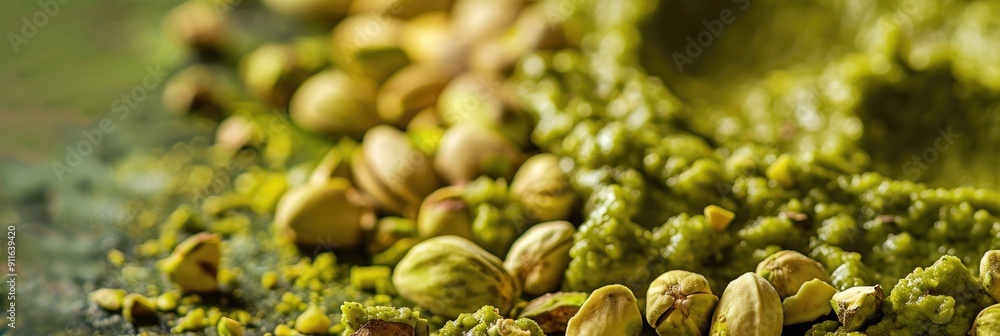 Close up of pistachio paste or spread green food surface Close up of pistachio paste or spread green food surface
