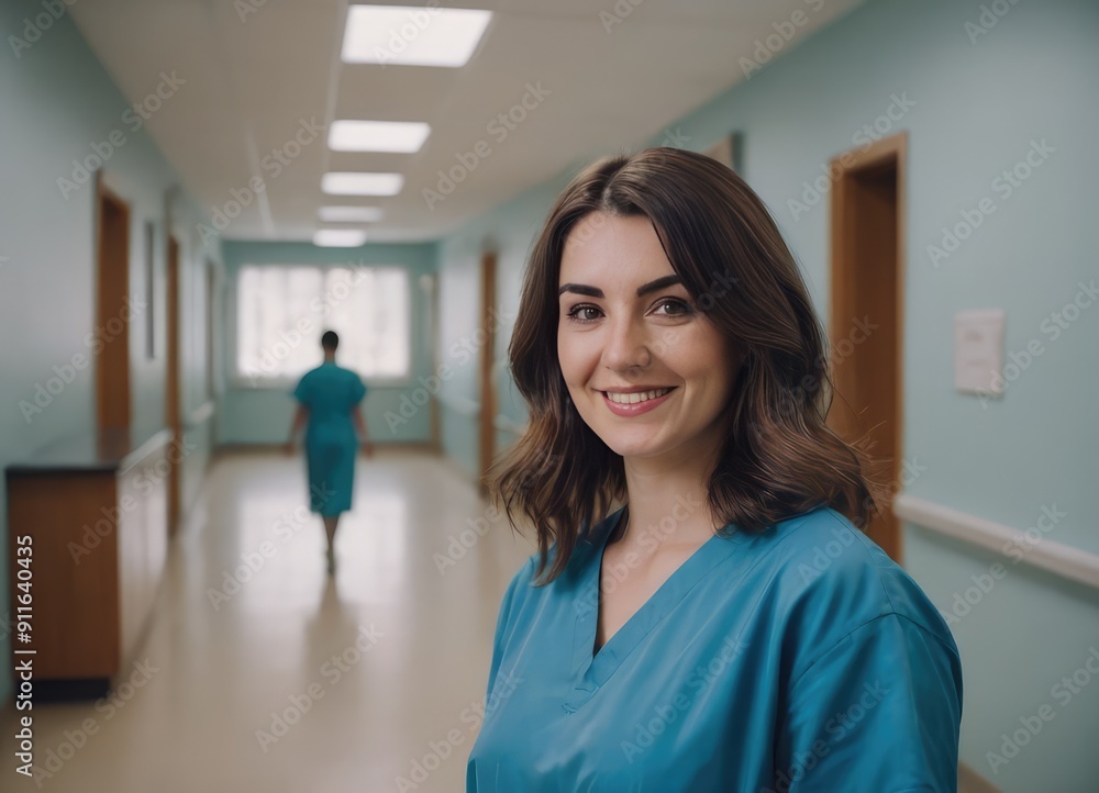 A Smiling Nurse in Scrubs at the Hospital, Providing Caring and Compassionate Assistance A Smiling Nurse in Scrubs at the Hospital, Providing Caring and Compassionate Assistance